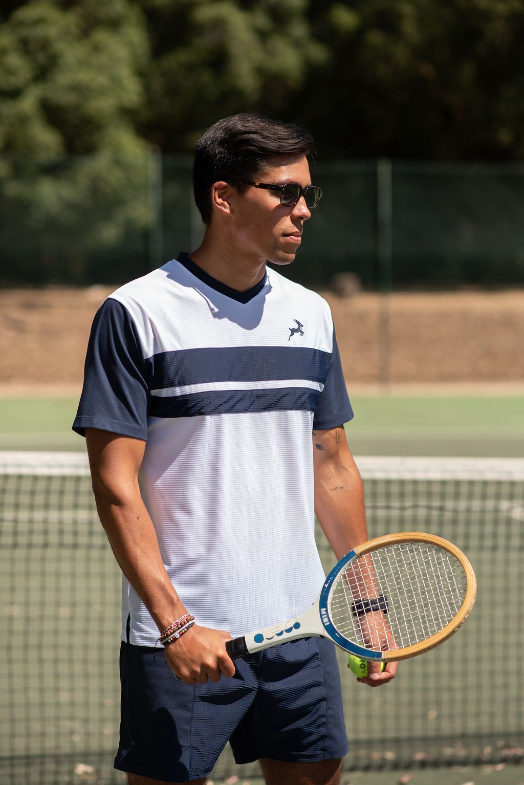 White V-neck tennis t-shirt with navy colour blocking, Nordi Activewear