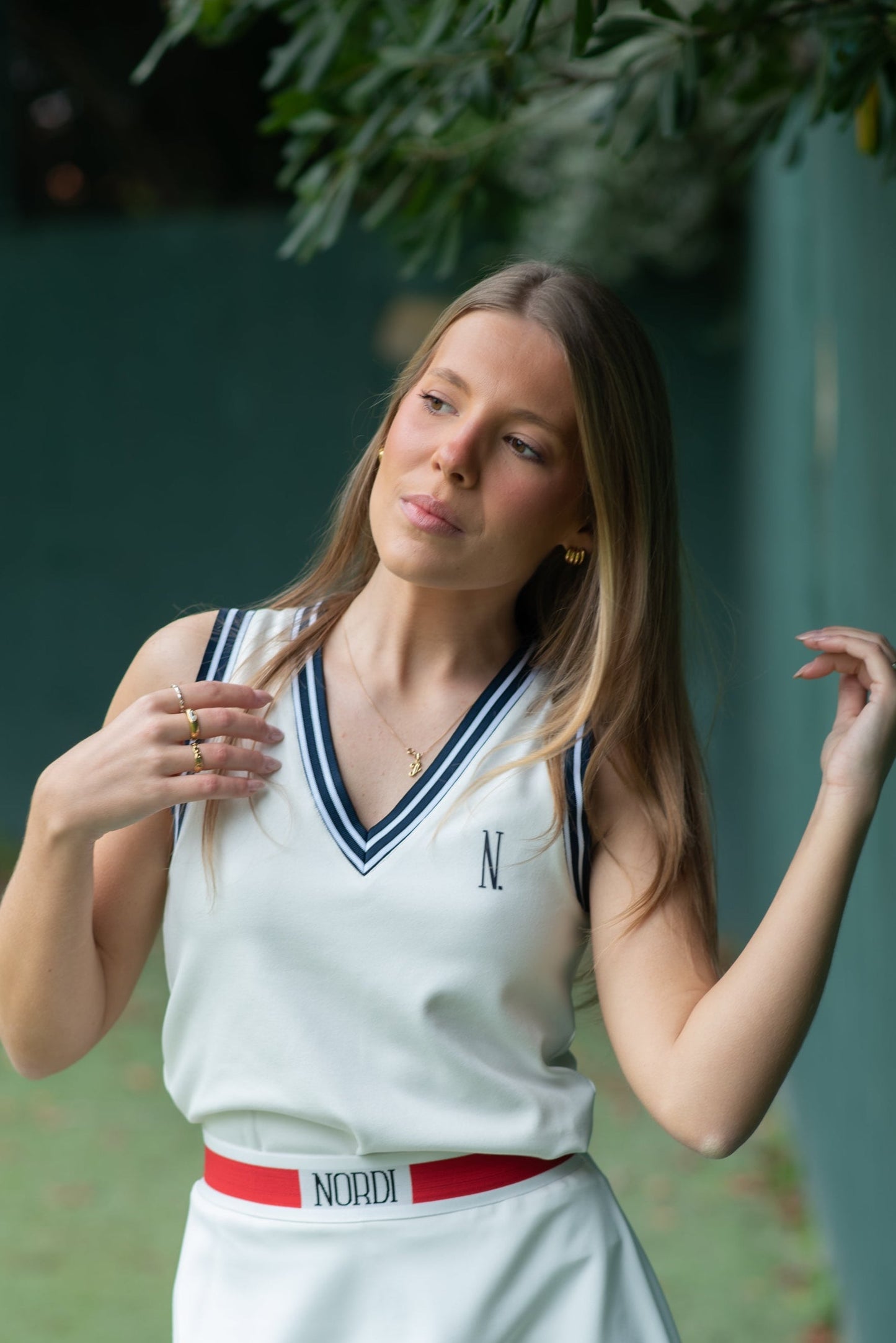 White V-neck top with navy trim, Nordi Activewear